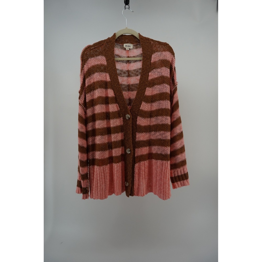 Cozy layering slouchy Striped Open Knit Cardigan modern Boho Pink Brown Large